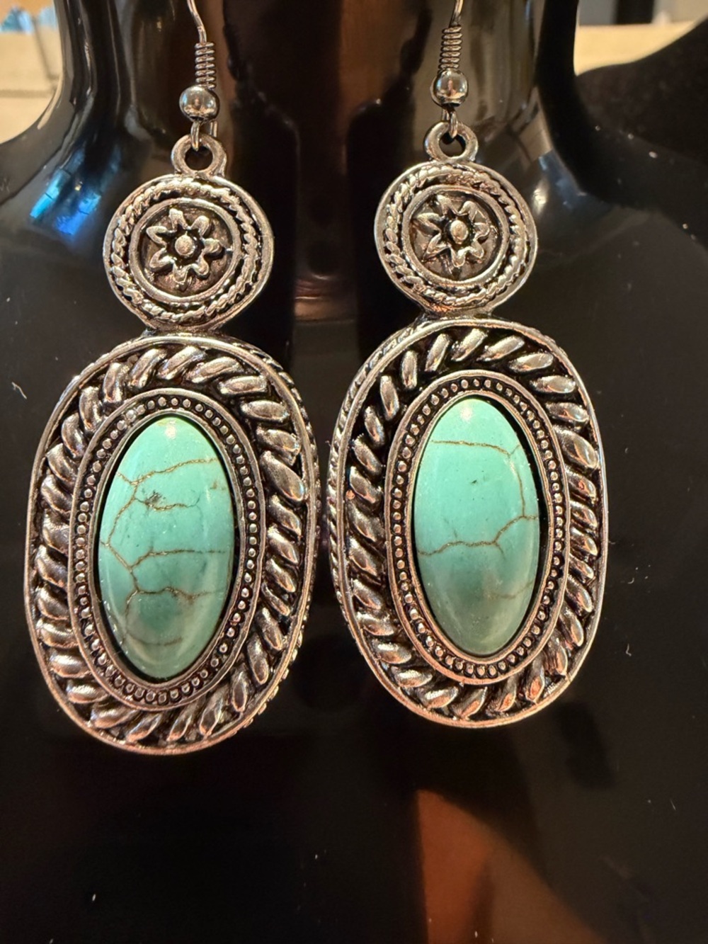 Turquoise Stone Silver-Tone Oval Drop Earrings - Women Jewelry